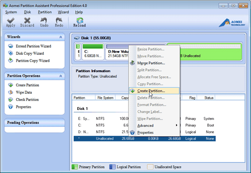 Create partition with unallocated space