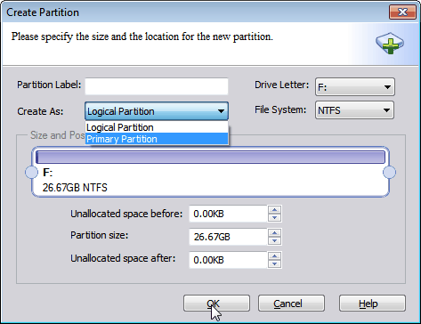Specify info of new partition