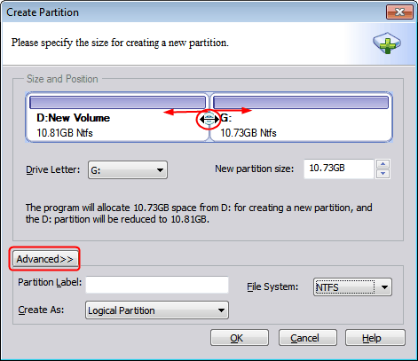 Specify info of new partition